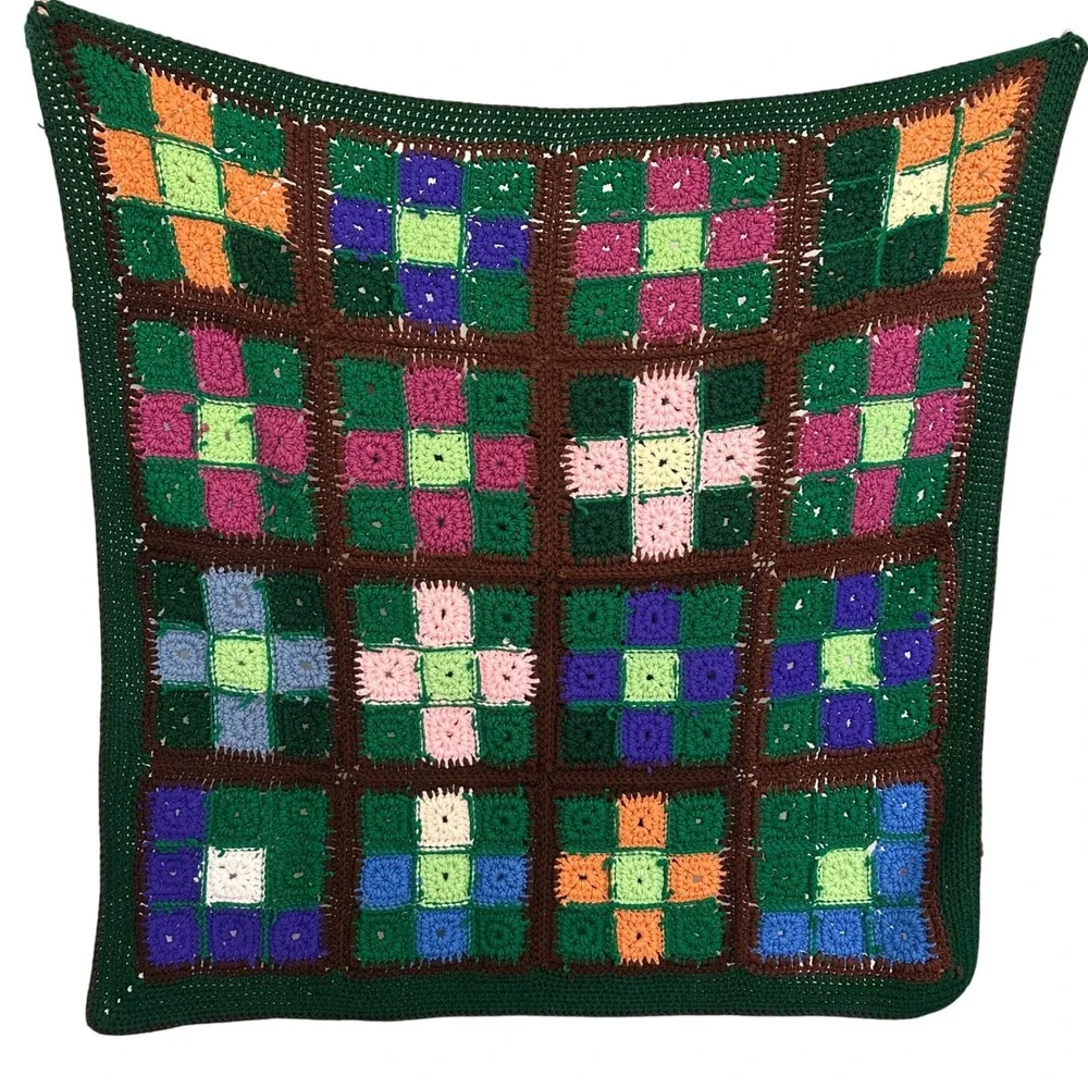 VTG 70s Granny‎ Square Crochet Blanket Throw Cottagecore Boho Handmade 42x42